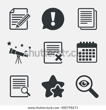 File document icons. Search or find symbol. Edit content with pencil sign. Remove or delete file. Attention, investigate and stars icons. Telescope and calendar signs. Vector