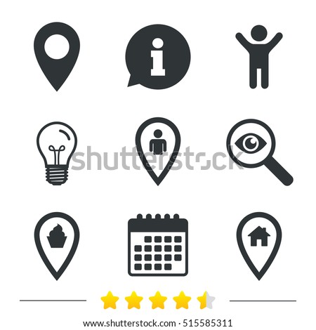 Map pointer icons. Home, food and user location symbols. Restaurant and cupcake signs. You are here. Information, light bulb and calendar. Investigate magnifier. Vector