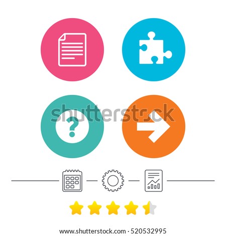 Question mark and puzzle piece icons. Document file and next arrow sign symbols. Calendar, cogwheel and report linear icons. Star vote ranking. Vector