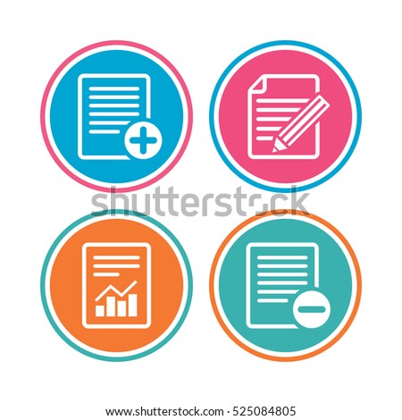 File document icons. Document with chart or graph symbol. Edit content with pencil sign. Add file. Colored circle buttons. Vector