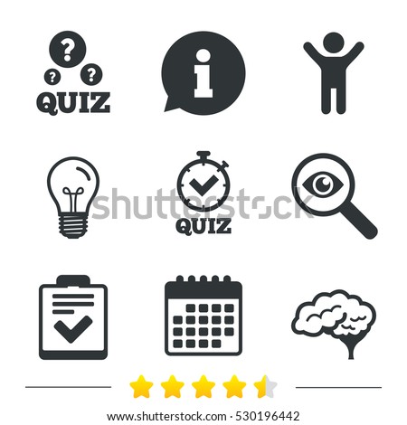 Quiz icons. Human brain think. Checklist and stopwatch timer symbol. Survey poll or questionnaire feedback form sign. Information, light bulb and calendar icons. Investigate magnifier. Vector