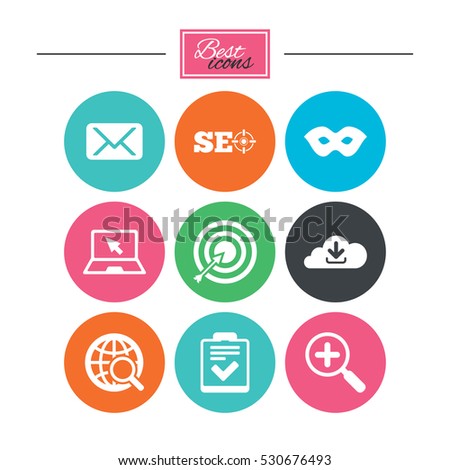 Internet, seo icons. Checklist, target and mail signs. Mask, download cloud and magnifier symbols. Colorful flat buttons with icons. Vector