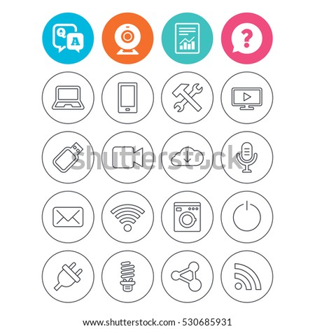 Devices and technologies icons. Notebook, smartphone and wi-fi symbols. Usb flash, video camera, microphone thin outline signs. Washing machine, fluorescent lamp and electric plug. Vector