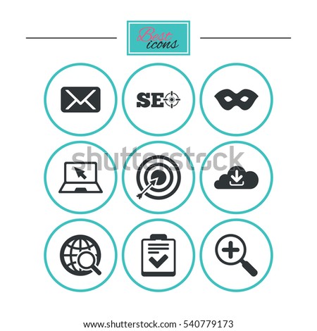 Internet, seo icons. Checklist, target and mail signs. Mask, download cloud and magnifier symbols. Round flat buttons with icons. Vector