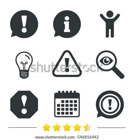 Attention icons. Exclamation speech bubble symbols. Caution signs. Information, light bulb and calendar icons. Investigate magnifier. Vector