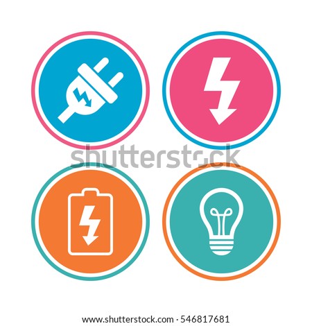 Electric plug icon. Lamp bulb and battery symbols. Low electricity and idea signs. Colored circle buttons. Vector
