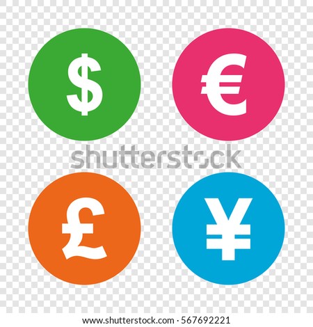 Dollar, Euro, Pound and Yen currency icons. USD, EUR, GBP and JPY money sign symbols. Round buttons on transparent background. Vector