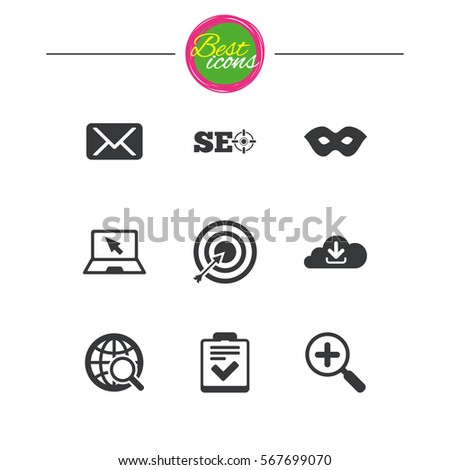 Internet, seo icons. Checklist, target and mail signs. Mask, download cloud and magnifier symbols. Classic simple flat icons. Vector