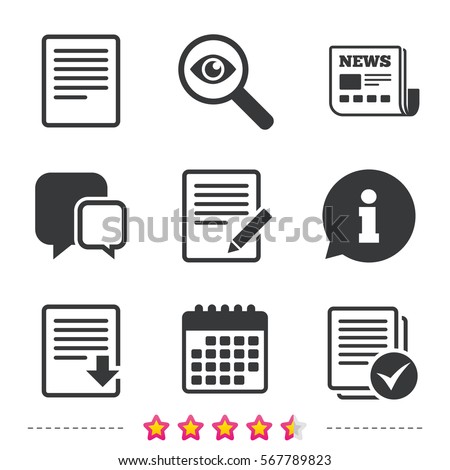 File document icons. Download file symbol. Edit content with pencil sign. Select file with checkbox. Newspaper, information and calendar icons. Investigate magnifier, chat symbol. Vector