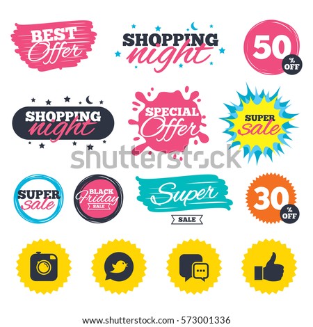 Sale shopping banners. Special offer splash. Hipster photo camera icon. Like and Chat speech bubble sign. Bird symbol. Web badges and stickers. Best offer. Vector