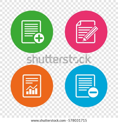 File document icons. Document with chart or graph symbol. Edit content with pencil sign. Add file. Round buttons on transparent background. Vector