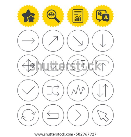 Report, best quality star and Q&A signs. Arrows line icons. Download, upload, check or tick symbols. Refresh, fullscreen and shuffle thin outline signs. Investigate symbol. Flat buttons. Vector