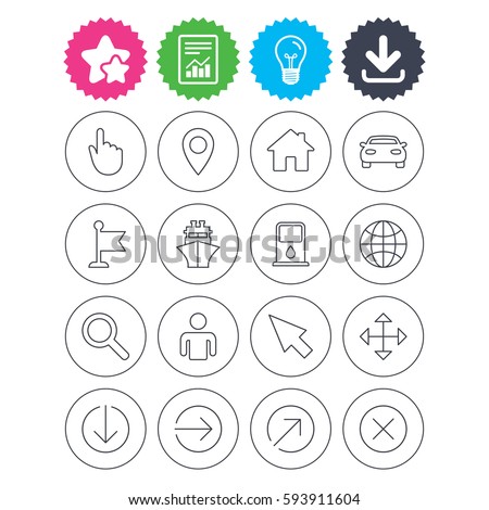 Download, light bulb and report signs. GPS navigation icons. Car and Ship transport. You are here, map pointer symbols. Search gas or petrol stations, hotels. Best quality star symbol. Flat buttons