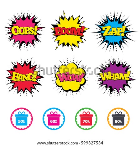 Comic Wow, Oops, Boom and Wham sound effects. Sale gift box tag icons. Discount special offer symbols. 50%, 60%, 70% and 80% percent discount signs. Zap speech bubbles in pop art. Vector