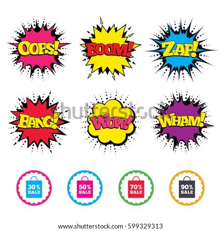 Comic Wow, Oops, Boom and Wham sound effects. Sale bag tag icons. Discount special offer symbols. 30%, 50%, 70% and 90% percent sale signs. Zap speech bubbles in pop art. Vector