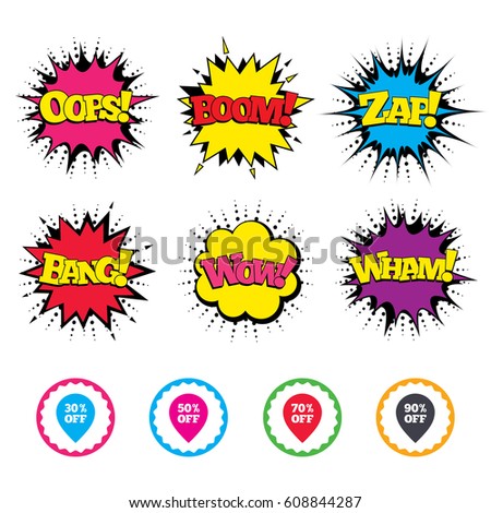 Comic Wow, Oops, Boom and Wham sound effects. Sale pointer tag icons. Discount special offer symbols. 30%, 50%, 70% and 90% percent off signs. Zap speech bubbles in pop art. Vector