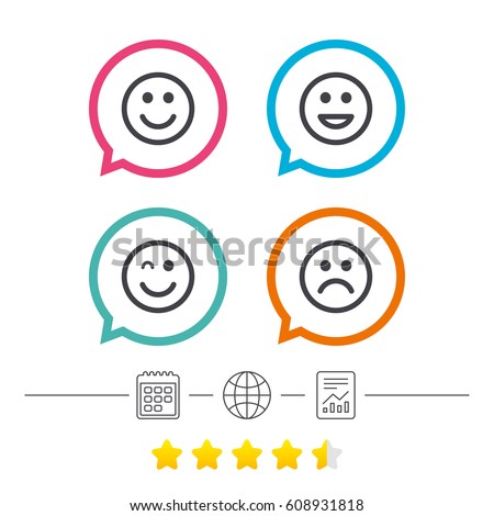 Smile icons. Happy, sad and wink faces symbol. Laughing lol smiley signs. Calendar, internet globe and report linear icons. Star vote ranking. Vector