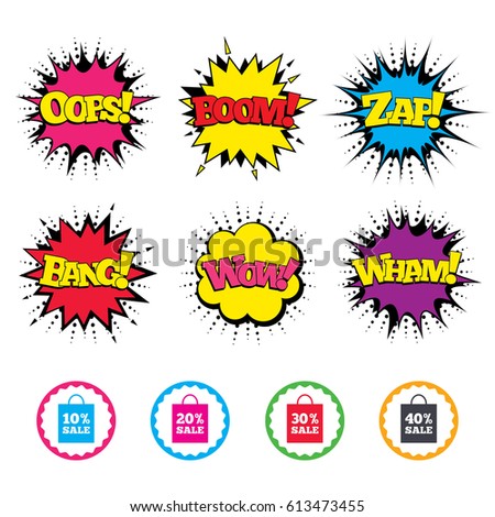 Comic Wow, Oops, Boom and Wham sound effects. Sale bag tag icons. Discount special offer symbols. 10%, 20%, 30% and 40% percent sale signs. Zap speech bubbles in pop art. Vector