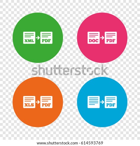 Export file icons. Convert DOC to PDF, XML to PDF symbols. XLS to PDF with arrow sign. Round buttons on transparent background. Vector