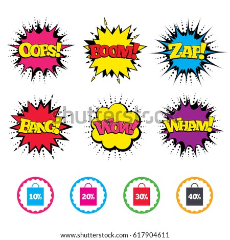 Comic Wow, Oops, Boom and Wham sound effects. Sale bag tag icons. Discount special offer symbols. 10%, 20%, 30% and 40% percent discount signs. Zap speech bubbles in pop art. Vector