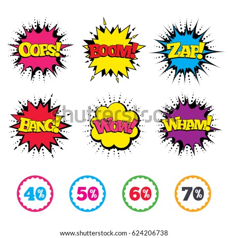 Comic Wow, Oops, Boom and Wham sound effects. Sale discount icons. Special offer price signs. 40, 50, 60 and 70 percent off reduction symbols. Zap speech bubbles in pop art. Vector