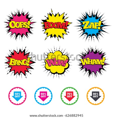 Comic Wow, Oops, Boom and Wham sound effects. Sale arrow tag icons. Discount special offer symbols. 50%, 60%, 70% and 80% percent off signs. Zap speech bubbles in pop art. Vector