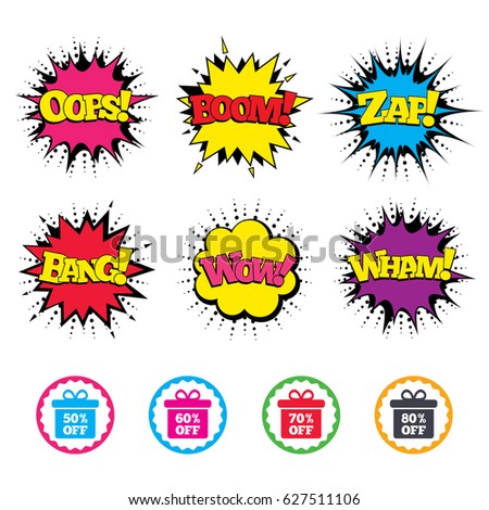 Comic Wow, Oops, Boom and Wham sound effects. Sale gift box tag icons. Discount special offer symbols. 50%, 60%, 70% and 80% percent off signs. Zap speech bubbles in pop art. Vector