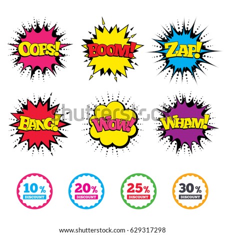 Comic Wow, Oops, Boom and Wham sound effects. Sale discount icons. Special offer price signs. 10, 20, 25 and 30 percent off reduction symbols. Zap speech bubbles in pop art. Vector