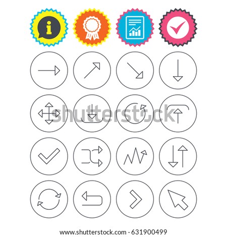 Report, information and award signs. Arrows line icons. Download, upload, check or tick symbols. Refresh, fullscreen and shuffle thin outline signs. Check tick symbol. Flat buttons. Vector