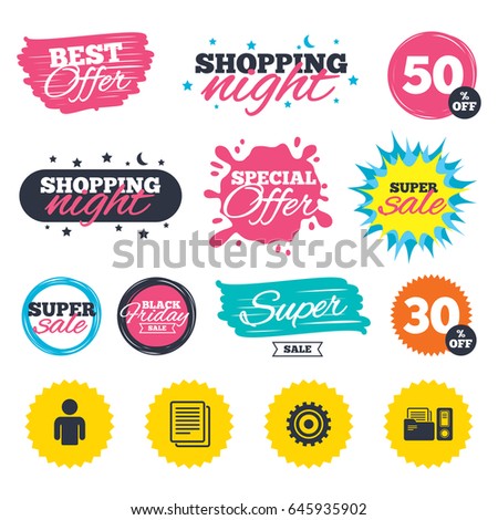 Sale shopping banners. Special offer splash. Accounting workflow icons. Human silhouette, cogwheel gear and documents folders signs symbols. Web badges and stickers. Best offer. Vector