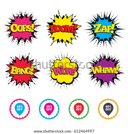 Comic Wow, Oops, Boom and Wham sound effects. Sale pointer tag icons. Discount special offer symbols. 10%, 20%, 30% and 40% percent off signs. Zap speech bubbles in pop art. Vector