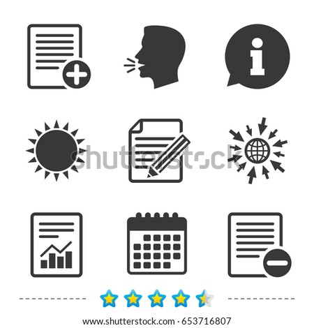 File document icons. Document with chart or graph symbol. Edit content with pencil sign. Add file. Information, go to web and calendar icons. Sun and loud speak symbol. Vector