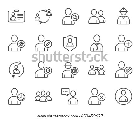 Users line icons. Profile, Group and Support signs. ID card, Teamwork and Businessman symbols. Person talk, Engineer and Human Management. Quality design elements. Editable stroke. Vector