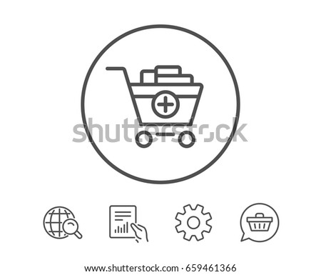 Add to Shopping cart line icon. Online buying sign. Supermarket basket symbol. Hold Report, Service and Global search line signs. Shopping cart icon. Editable stroke. Vector