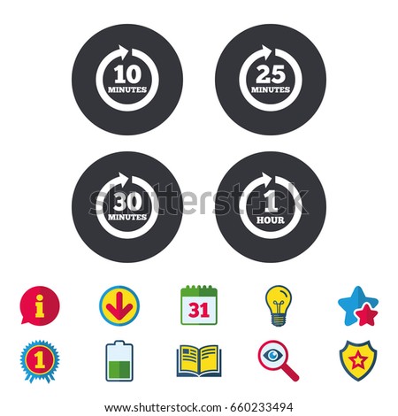 Every 10, 25, 30 minutes and 1 hour icons. Full rotation arrow symbols. Iterative process signs. Calendar, Information and Download signs. Stars, Award and Book icons. Light bulb, Shield and Search