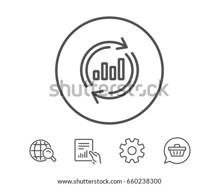 Chart line icon. Update Report graph or Sales growth sign. Analysis and Statistics data symbol. Hold Report, Service and Global search line signs. Shopping cart icon. Editable stroke. Vector