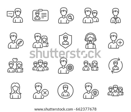 Users line icons. Male and Female Profiles, Group and Support signs. ID card, Teamwork and Businessman symbols. Couple love, Security and Human Management. Quality design elements. Editable stroke