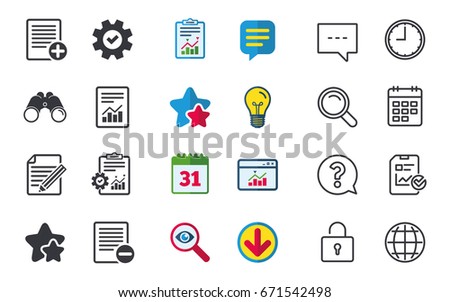 File document icons. Document with chart or graph symbol. Edit content with pencil sign. Add file. Chat, Report and Calendar signs. Stars, Statistics and Download icons. Question, Clock and Globe