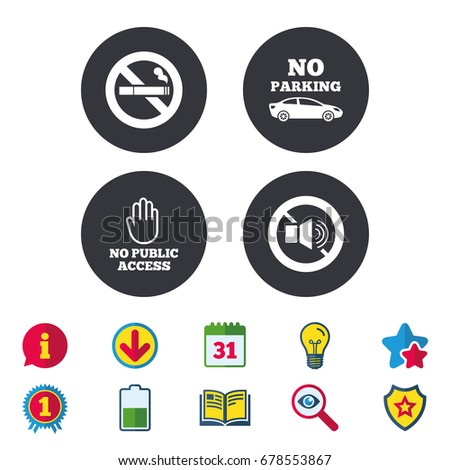 Stop smoking and no sound signs. Private territory parking or public access. Cigarette and hand symbol. Calendar, Information and Download signs. Stars, Award and Book icons. Vector