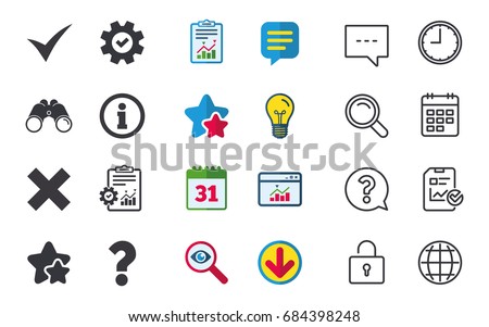 Information icons. Delete and question FAQ mark signs. Approved check mark symbol. Chat, Report and Calendar signs. Stars, Statistics and Download icons. Question, Clock and Globe. Vector