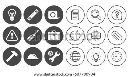 Repair, construction icons. Engineering, helmet and screwdriver signs. Lamp, electricity and attention symbols. Document, Globe and Clock line signs. Lamp, Magnifier and Paper clip icons. Vector