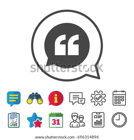 Quote sign icon. Quotation mark in speech bubble symbol. Double quotes. Information, Report and Calendar signs. Group, Service and Chat line icons. Vector