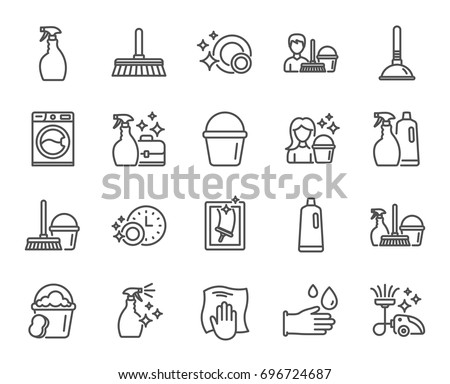 Cleaning line icons. Laundry, Sponge and Vacuum cleaner signs. Washing machine, Housekeeping service and Maid equipment symbols. Window cleaning and Wipe off. Quality design elements. Editable stroke