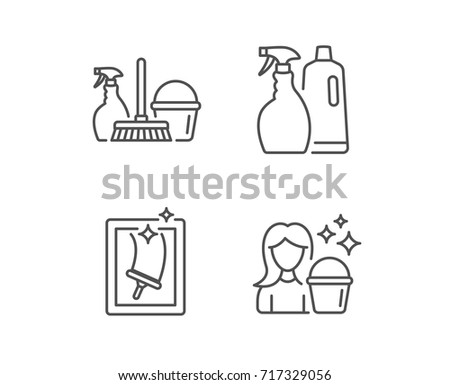 Spray Window Cleaning And Maid Equipment Line Icons Bucket Mop Housekeeping Signs