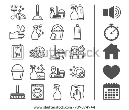 Cleaning line icons. Laundry, Sponge and Vacuum cleaner signs. Washing machine, Housekeeping service and Maid equipment symbols. Window cleaning and Wipe off. Bonus classic signs. Editable stroke