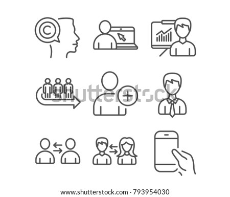 Set of Communication, Queue and People communication icons. Add user, Online education and Presentation signs. Writer, Businessman and Hold smartphone symbols. Vector