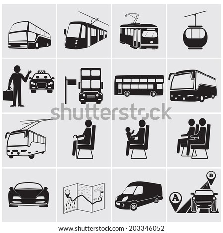 Public transportation vector icons set on gray