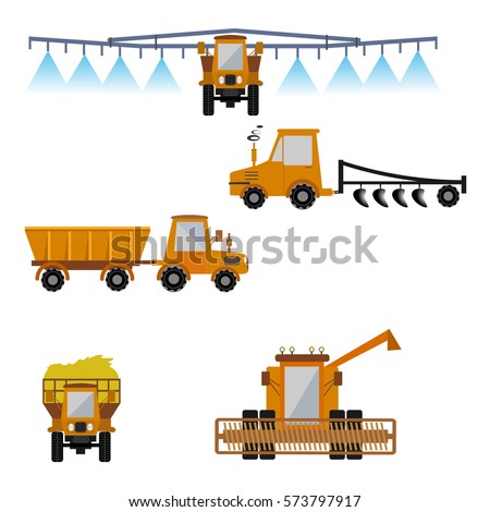 Vector set of agricultural vehicles and farm machines. Tractors, harvesters, combines. Illustration in flat design. Agriculture machinery. Agriculture crop harvest.