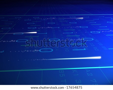 Binary code streaming across an electric blue surface.