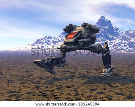 Heavy armed Mechanized Intelligent Vehicle at the mountains. Original creation and modeling by the author.